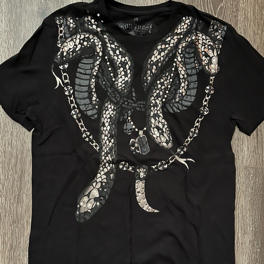 Konquest Luxury Fashion Graphic Crew Neck T-Shirt Studs And Crystals Black Sz M